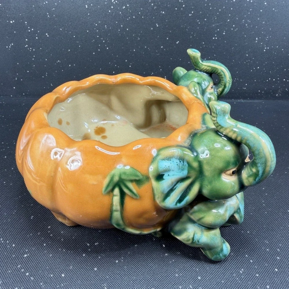 Vintage Majolica Style Elephant Pumpkin Ceramic Planter Green Orange Dish Bowl